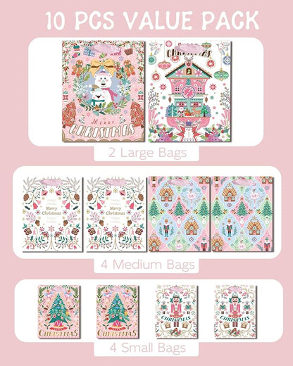 qiqee 10PCS Christmas White Gift Bags with Pink Polar Bear Design(2PCS Large 5.5"x10.2"x13", 4PCS Medium 4.3"x 7.7"x 9.6", 4PCS Small 2.4"x 4.7"x 6.3", 30PCS Tissue Paper included)
