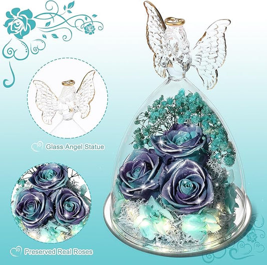 Christmas Rose Gifts for Women Preserved Real Flower in Glass Angel Figurines Roses for Delivery Prime Birthday Gifts for Mom Grandma Girlfriend Wife Her, GlitterPurpleAquablue