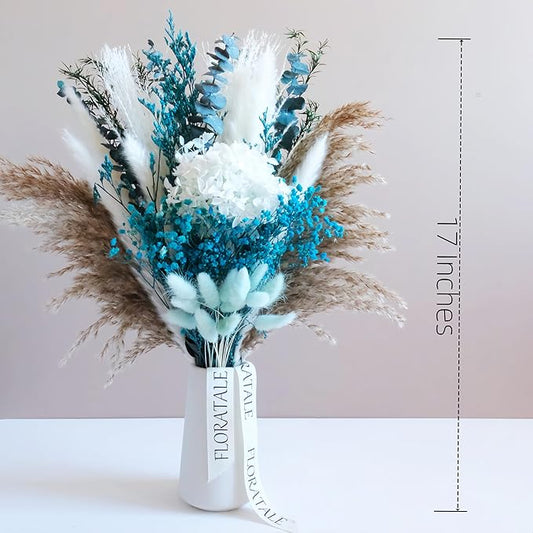 Coastal Blue Dried Flower Bouquet (No Vase) | 17'' Mini Floral Arrangement with Pampas, Hydrangea, Baby's Breath & More Natural Dried Flowers – Home Wedding Decor Centerpiece
