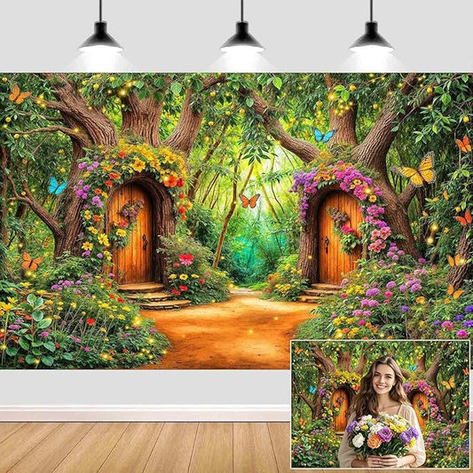 5X3ft Enchanted Forest Backdrop Fairy Tale Green Garden Wonderland Tree House Floral Butterfly Background for Kids Girl Baby Shower Birthday Party Decoration Banner Cake Table Photo Booth Props