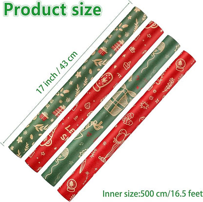 Anvure Christmas Wrapping Paper (4 Rolls: 93 sq. ft. ttl.) Kraft Set Featuring Santa Claus, Snowman & Xmas Presents, Red & Green Holiday Designs for All Gift Wrap Needs 17 Inch X 16.4 Feet Per Roll