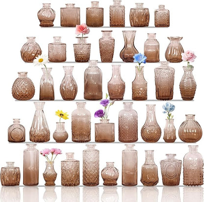 Set of 40 Glass Bud Vases, Small Amber Glass Vases in Bulk, Mini Vintage Embossed Flower Vase for Wedding, Centerpieces, Birthday Party, Baby Shower, Home Table Decorations (Amber)