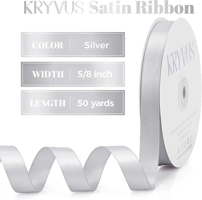 Silver Satin Ribbon, Double Faced 5/8 Inch X 50 Yards Silver Ribbon, Premium Satin Ribbon for Gift Wrapping, Crafts, Hair Bow Making, Sewing, Flower Bouquet, Wedding Party Decor