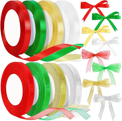 Christmas Ribbon, SEPGLITTER 250 Yards 8 Rolls Christmas Satin Organza Ribbons Gift Wrapping Ribbon for Xmas Party Decoration DIY Crafts Supplies (Red, Green, Gold, Silver, White)