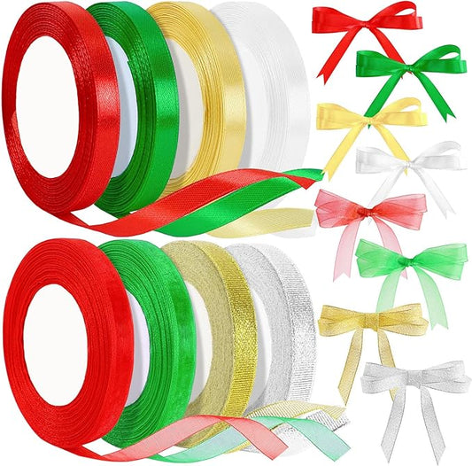 Christmas Ribbon, SEPGLITTER 250 Yards 8 Rolls Christmas Satin Organza Ribbons Gift Wrapping Ribbon for Xmas Party Decoration DIY Crafts Supplies (Red, Green, Gold, Silver, White)