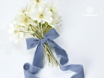 Vitalizart 100% Cotton Ribbon 1-1/2" x 15 Yd Blue & White Handmade Frayed Fringe Fabric Ribbons for Gift Wrapping Wedding Invites Bridal Shower Bouquets Christmas Decorations