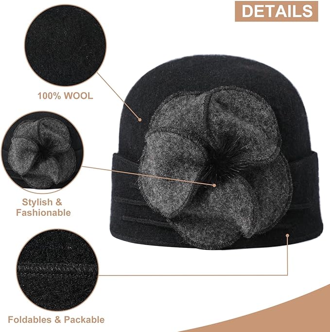 Sumolux Beanie Hats for Women Wool Skull Cap Beret Floral Cuffed French Vintage Dress Cloche Classic Winter 1920s