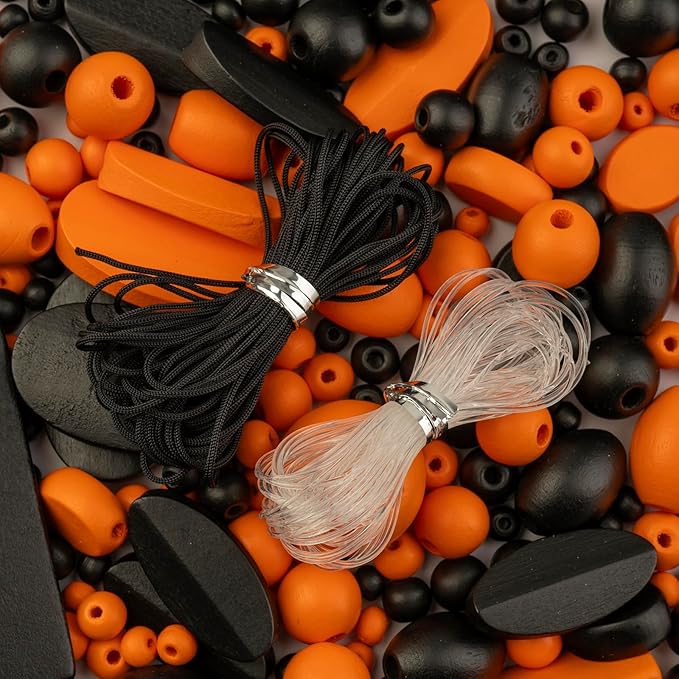John Bead 90g Craft Beads Black and Orange Wood Beads with Elastic Nylon Cord