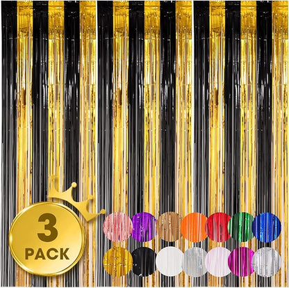 3 Pack 3.3x8.2 Feet Black and Gold Foil Fringe Backdrop Curtains, Tinsel Streamers Birthday Party Decorations, Fringe Backdrop for Graduation, Baby Shower, Gender Reveal, Disco Party