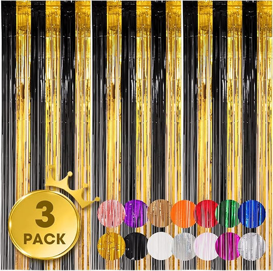 3 Pack 3.3x8.2 Feet Black and Gold Foil Fringe Backdrop Curtains, Tinsel Streamers Birthday Party Decorations, Fringe Backdrop for Graduation, Baby Shower, Gender Reveal, Disco Party
