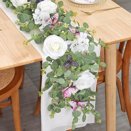 2Pcs 5.9 Ft Artificial Rose Vine Fake Flower Garland White Rose Hydrangea Vines with 3D Butterflies Hanging Floral Eucalyptus Garland for Wedding Party Background Arch Table Wall Home Decor