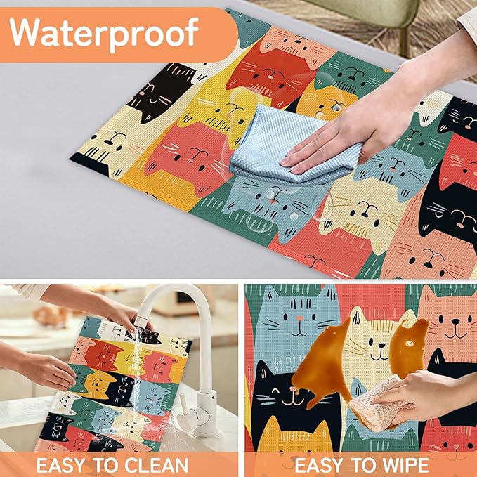 Cute Cat Placemat Set of 6,Heat Resistant Linen Table Mats for Indoor Outdoor Home Kitchen Dining Room Table 12x18Inch