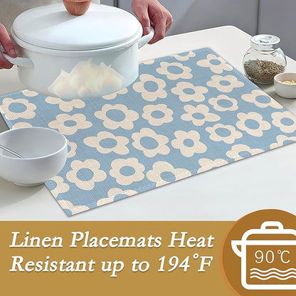 Vintage Groovy Flowers Placemats Set of 6, 12x18 Inch Waterproof Stain Resistant Linen Table Placemats Summer Seasonal Farmhouse Kitchen Party Decor Home Decor