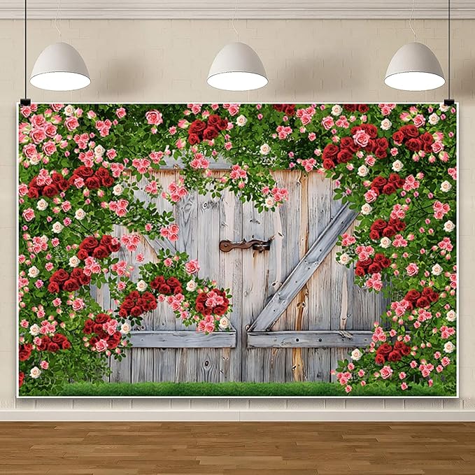 AOFOTO Barn Door Rose Backdrop Rustic Red Pink Beige Flowers Background Romantic Phtography Banner for Anniversary Wedding Decor Photo Studio Photobooth Props 10x7ft