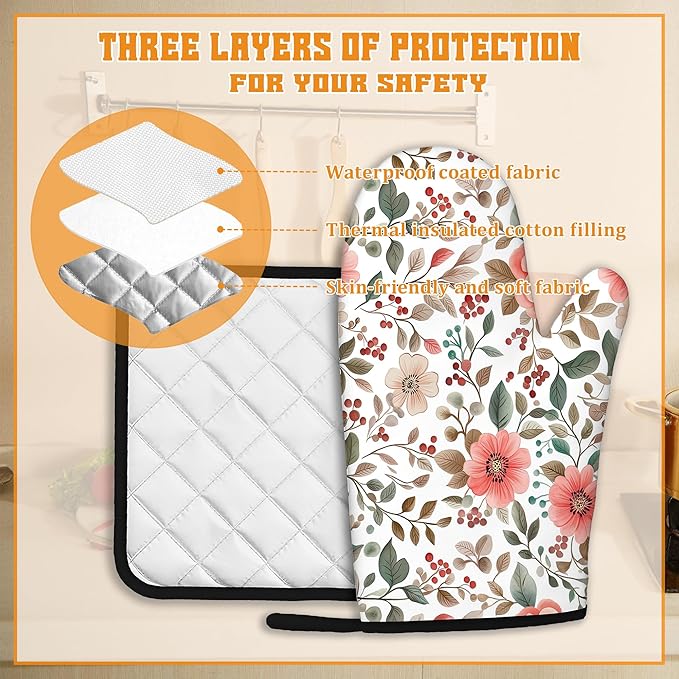 Pink Poppy Floral Oven Mitts and Pot Holders Set,Berry Kitchen Decor Heat Resistant Non Slip Hot Pads and Oven Mitt for Chef Cooking Baking BBQ Mom Girl Gifts(4 Piece Set)