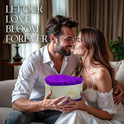 GLAMOUR BOUTIQUE Preserved Roses in a Box - Gifts for Her, Wife & Mom, Rose Flowers Forever Decor for Birthday Gift, Get Well Flower Bouquet Cased in White Box with Cover - Purple - 27-Piece