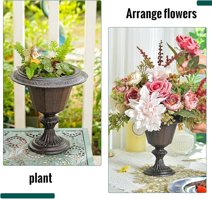 Sungmor Cast Iron Tabletop Flower Vase, Vintage Pretty French Urn Planter Design, 7" Tall 6.6" Wide Decorative Centerpieces Flower Stand Plants Holder, Artificial Flower Arrangements Home Decor