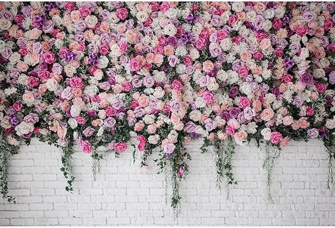 Rose Flowers Backdrop Beautiful Decorative Colorful Roses and Peonies on Brick White Wall Photography Background Interior Wedding Party Decorations Summer Flowers on Wall Building Props 7x5ft