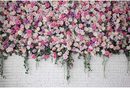 Rose Flowers Backdrop Beautiful Decorative Colorful Roses and Peonies on Brick White Wall Photography Background Interior Wedding Party Decorations Summer Flowers on Wall Building Props 12x8ft