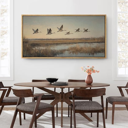 SIGNFORD Extra Large Framed Canvas Print Wall Art Flying Cranes Over Wetlands Vintage Nature Bird Scene Illustrations Modern Art Relax/Calm Warm for Living Room, Bedroom, Office - 60"x30"