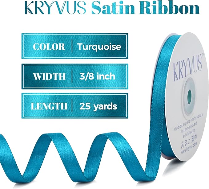 Turquoise Blue Satin Ribbon, Double Faced 3/8 Inch X 25 Yards Turquoise Ribbon, Premium Satin Ribbon for Gift Wrapping, Crafts, Hair Bow Making, Sewing, Flower Bouquet, Wedding Party Decor
