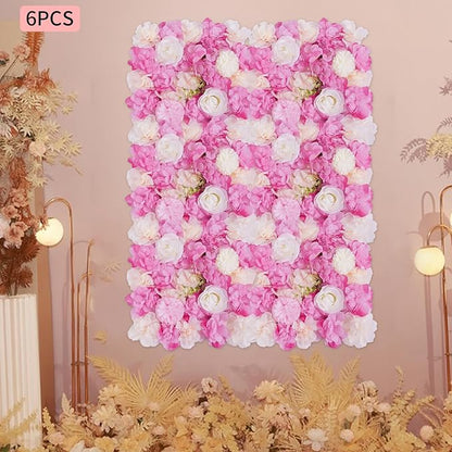 JJIESHENG Flower Wall Panels 3D Flower Wall Backdrop, 6Pcs Artificial Flower Wall Panel Silk Rose Floral Decorative Faux Flower Wall Background for Wedding Home Decoration (White, Pink, 15 * 15in)