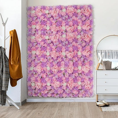 Artificial Flower Wall Backdrop 16pcs 16.5x16.5 Inch 3D Silk Rose Floral Wall Panel Ideal for Wedding Celebrations, Festive Party Birthday Backdrops and Elegant Home Decor-Pink and Purple
