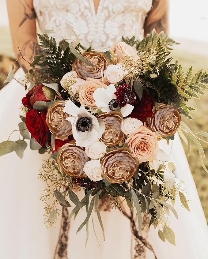 IPOPU 10pcs Coffee Peonies Artificial Flowers Real Touch Silk Peonies with Stems Real Look Fake Peony for Home Wedding Hotel Office Party Centerpiece Decorations