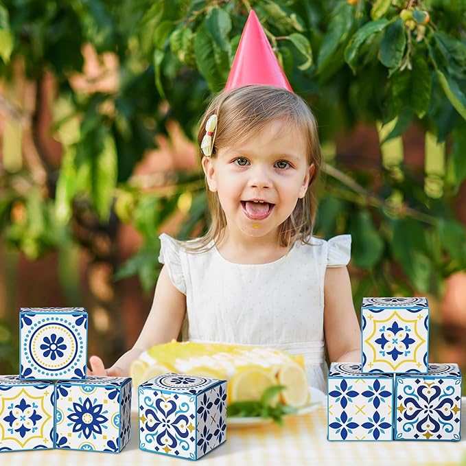 TecUnite 50 Pcs 3x3x3'' Amalfi Coast Party Gift Boxes Amalfi Coast Party Favor Candy Boxes Decorations Small Blue Yellow Paper Packaging Bags for Wedding Birthday Baby Shower Supplies