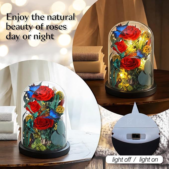 Preserved Rose with Butterfly, LED Forever Flowers in Glass Dome, Eternal Flowe for Women, Birthday Gifts for Mom Friend, Includes Greeting Card & Luxury Gift Box (Red)