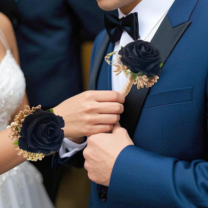 SITUMEIZI 2Pcs Black Corsage and Boutonniere Set Corsage Wristlet for Prom Decor Boutonniere for Men Wedding Flowers Accessories Party Suit Decoration