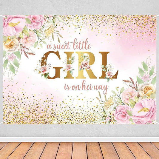 7x5ft Baby Shower Backdrop for Girl, A Sweet Little Girl is on Her Way Pink Floral Background Banner, Gold Glitter Backdrop for Newborn Party, Gender Reveal Celebration Photo Booth Decor