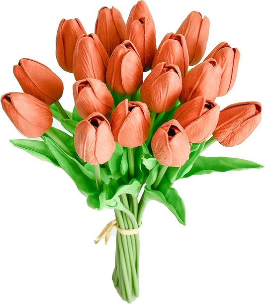 Mandy's Artificial Tulips 20 Stems Terracotta PU Faux Flowers for Thanksgiving and Christmas Decorations Wedding Home Decor 13.5 Inch