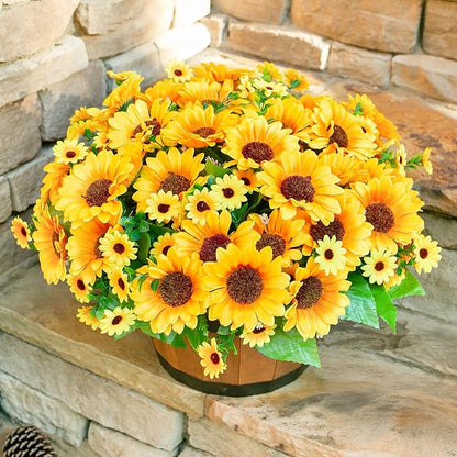 Sunflowers Artificial Flowers, 10 Bunches Fake Sunflower Artificial Flowers for Outdoors Spring Summer Decoration Look Real UV Resistant Fake Flowers for Home Porch Garden Wedding Party Office Indoor