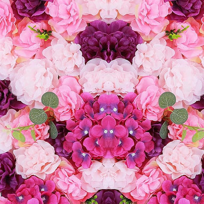 Flower Wall Backdrop 3D Wall Panels, 6Pcs Artificial Flower Wall Panel Silk Rose Floral Decorative Faux Flower Wall Background for Wedding Home Decoration (Pink, Purple,23.6 * 15.7in)