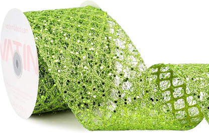 VATIN 4" Apple Green Christmas Ribbon, Green Glitter Mesh Diamond Web Sequin Dots Wired Christmas Ribbon for Gift Wrapping Bow Making Wreath Supply-10 Yards
