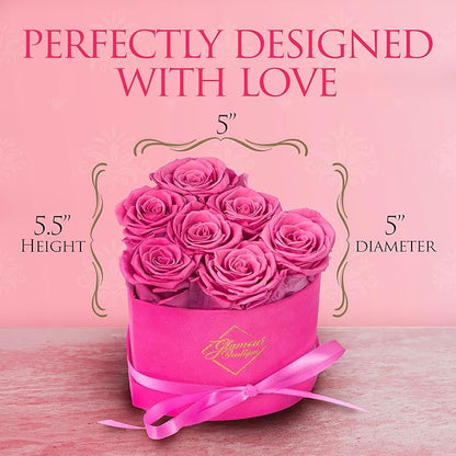 GLAMOUR BOUTIQUE 7 Flower Forever Heart Shape Box - Preserved Roses Gift for Her, Preserved Flowers, Velvet Pink