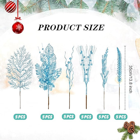 30 Pcs Artificial Christmas Tree Picks and Sprays Glitter Berry Stem Branches Holly Floral Picks Twigs Christmas Tree Ornaments for DIY Xmas Wreath Vase Filler Decorations(Lake Blue)