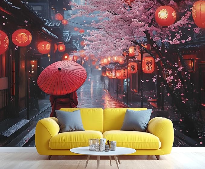 KIREUPA Japanese Street Wall Mural, Cherry Blossom Lantern Scene 3d Wall Murals, Romantic Rainy Evening Japan Wallpaper Mural, for Living Room Bedroom Large Wallpaper Indoor Decor 59" W x39.4 H