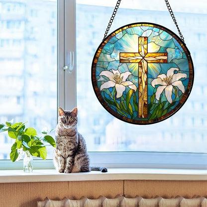 Christian Gifts for Women - Cross Stained Glass Window Hanging Jesus Easter White Lily Flower Sun Catcher Garden Religion Decor Mother's Day Catholic Gift for Men Grandma Mom Her Nana 11.8"