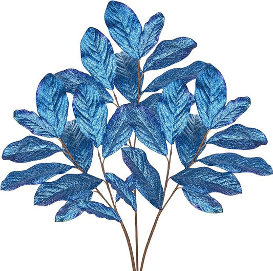 31" Royal Blue Christmas Glitter Leaves Tree Picks and Sprays, 3PCS Artificial Glitter Magnolia Stems for Christmas Tree DIY Garland Wreath Centerpiece Vase Wedding Winter Holiday