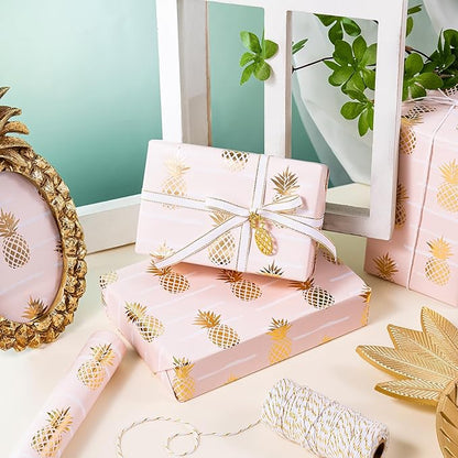 WRAPAHOLIC 30 Inch Jumbo Pineapple Wrapping Paper Roll - 30 Inch x 16.5 Feet - Jumbo Pink and Gold Foil Pineapple Design for Birthday, Wedding, Bridal Shower, Baby Shower