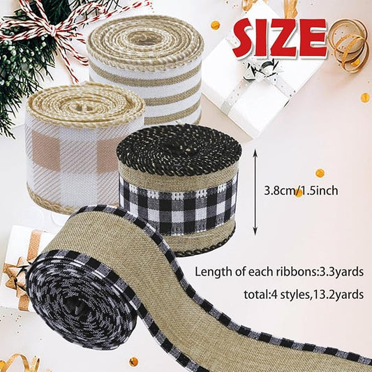 4 Rolls Winter Burlap Checked Ribbon Wire Border Christmas Holiday DIY Present Butterfly Floral Craft Decor 1.5 Inches Wide 13.2 Yard (Natural)