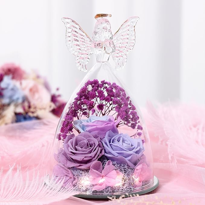 Christmas Rose Gifts for Women Preserved Real Flower in Glass Angel Figurines Roses for Delivery Prime Birthday Gifts for Mom Grandma Girlfriend Wife Her, Multi Purple