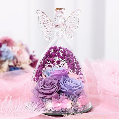 Christmas Rose Gifts for Women Preserved Real Flower in Glass Angel Figurines Roses for Delivery Prime Birthday Gifts for Mom Grandma Girlfriend Wife Her, Multi Purple