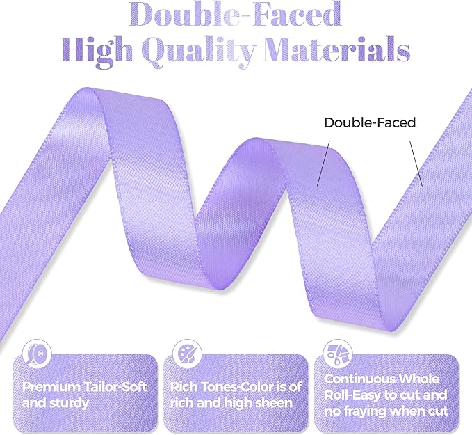 Premium Lilac Satin Ribbon, Double Faced 5/8 Inch X 50 Yards, Polyester, Wedding, Birthday, Holidays, Special Occasions, Purple