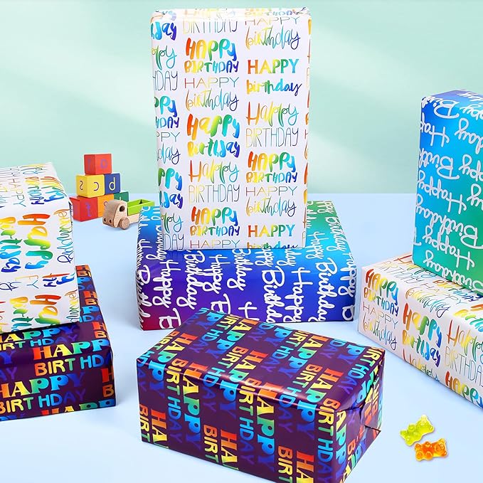 BWLOIES Wrapping Paper Birthday Wrapping Paper Sheets Hradient Multi-colour Happy Birthday Paper Set Include Bday Gift Wrap withTags & Ribbon,Present wrap for Boys Men Girls Women