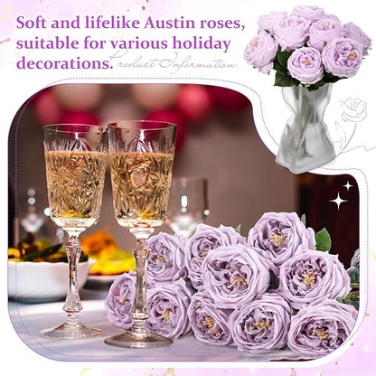10pcs Real Touch Peonies Artificial Flowers, Faux Austin Rose with Long Stem Look Real Fake Flower for Christmas Valentines Arrangement Wedding Party Home Kitchen Decor (Light Purple)