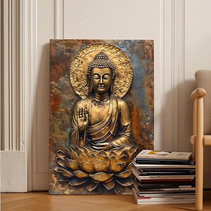 Buddha Wall Art Golden Buddha in Lotus Seat Serene spiritual statue radiant aura Meditation and mindfulness wall art suitable for sacred spaces 20x30in Wood Framed
