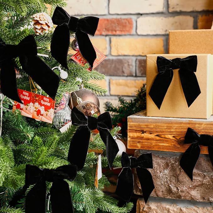30 Pcs Velvet Ribbon Bows 5" x 4" Pre Tied Christmas Velvet Bows with Twist Tie for Gift Packaging Christmas Tree Wreaths Door Windows Wedding Party Decoration(Black)